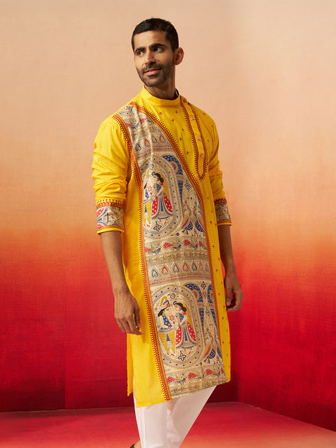 Vastramay Men Yellow Cotton High Neck Digital Print Kurta